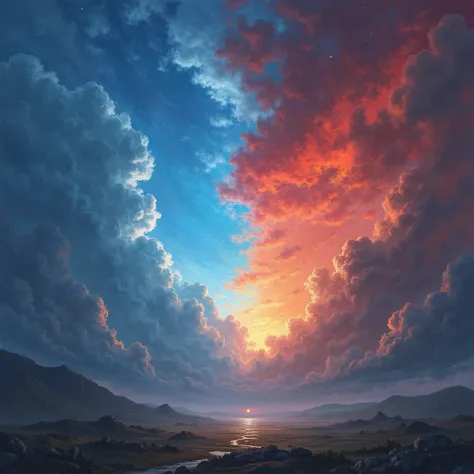 fantasy theme, right side of the sky is red, l1ight side of the sky is blue, thunder
