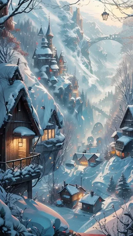 (best quality, high definition, high definition), snowy mountain village, fantasy style house, Shining Light, detailed snowsca...