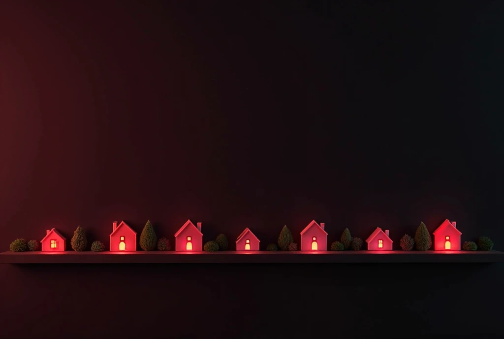 A cute black and red minimalist village banner background image with red and pink glowing house-shaped button, arranged in a...