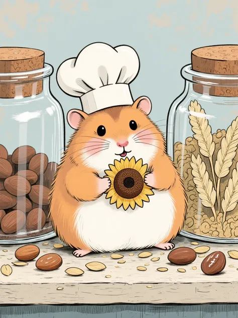 A hand-drawn illustration with gritty textures and pressure-sensitive linework. The composition centers on a round-faced hamster...