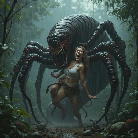 A huge centipede wrapping itself around a woman’s body, its fangs biting her neck as others flee, rain pouring in a forest backd...