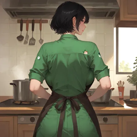 female、cutter shirt、apron、back view、Big Breasts、short hair、black hair、 directly behind