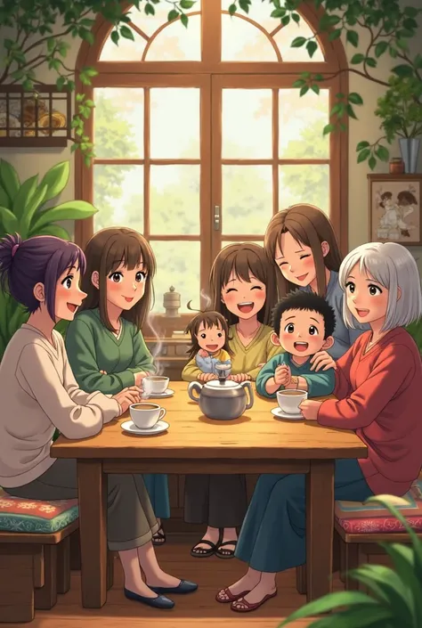 "A cozy and charming Studio Ghibli-style scene of a warm café interior. In the center, a rustic wooden table with steaming cups ...