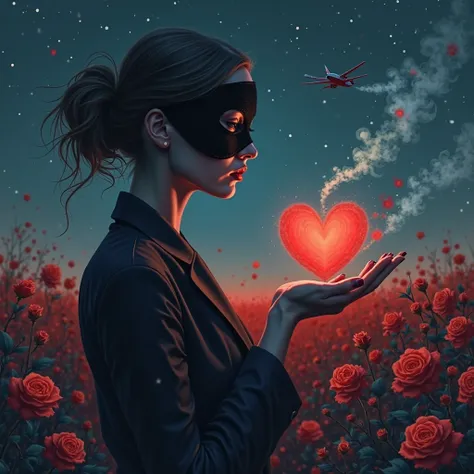 Side view of a woman with a mask covering her face and holding a luminous heart in her hand among roses. in the sky, There is da...