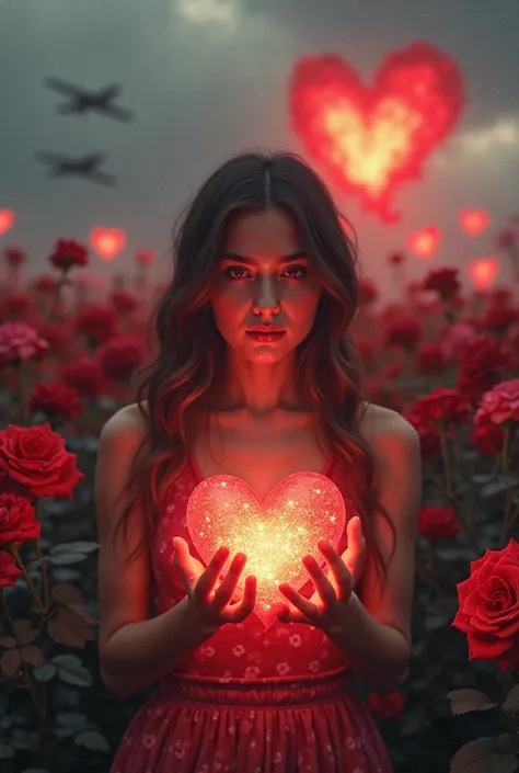 Une image de roses rouges a l"interieur une belle fille tenant un cœur lumineux au milieu, et l'obscurité dans le ciel et des av...