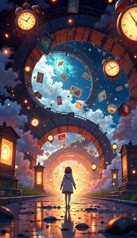 A surreal time tunnel showing memories floating in the air, bright lights, clocks, glowing images, symbolic of time and reflecti...