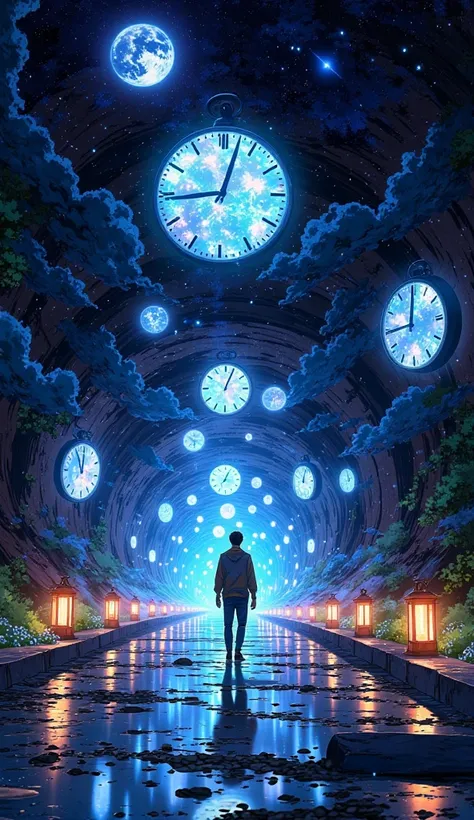 A surreal time tunnel showing memories floating in the air, bright lights, clocks, glowing images, symbolic of time and reflecti...