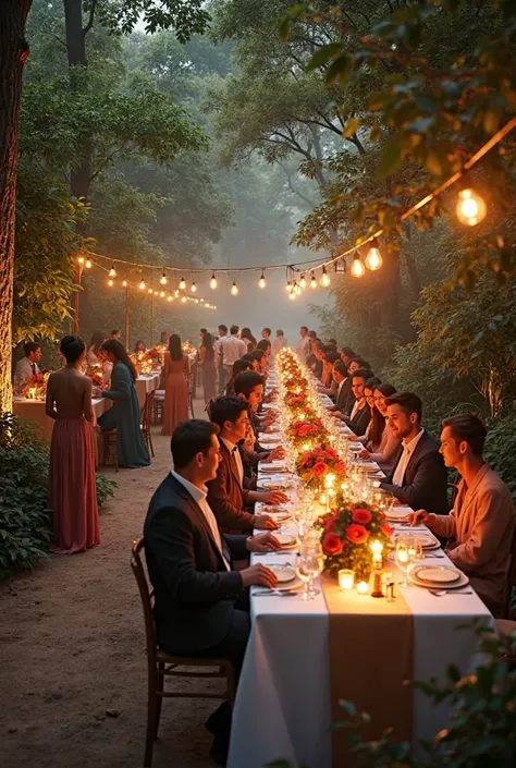 gala dinner on a forest path with tablecloths, flowers, candles, light bulbs