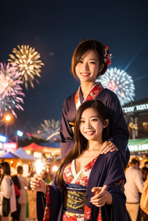 Half body, sexy pose, festival, asian, kimono, night, firework, smile