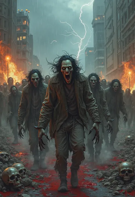 a bunch of weird-looking, pale, ugly, haunted, cruel, violent, brutal and scary zombies. with fangs and long teeth. long black n...