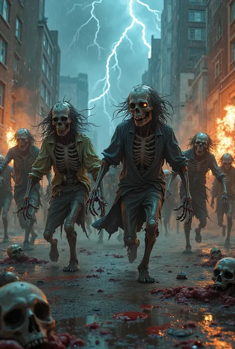 a bunch of skeleton zombies with weird, pale, ugly, haunted, cruel, violent, brutal and scary faces. with fangs and long teeth. ...