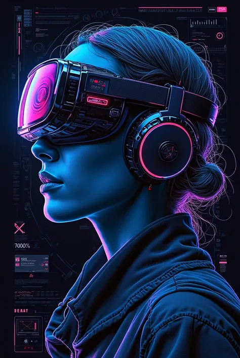 A futuristic cyberpunk-themed poster,Has a black background and blue-toned neon accents, Pink, and purple. The design features a...