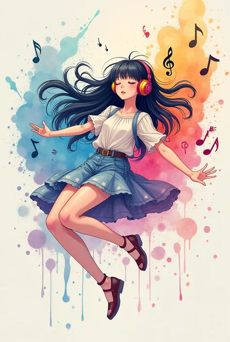 A dreamy anime girl floating in mid-air, wearing large colorful headphones, eyes closed, enjoying music. Her long flowing hair b...