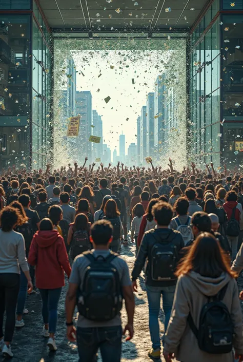Crowds of people with all kinds of things smash a company's glass door