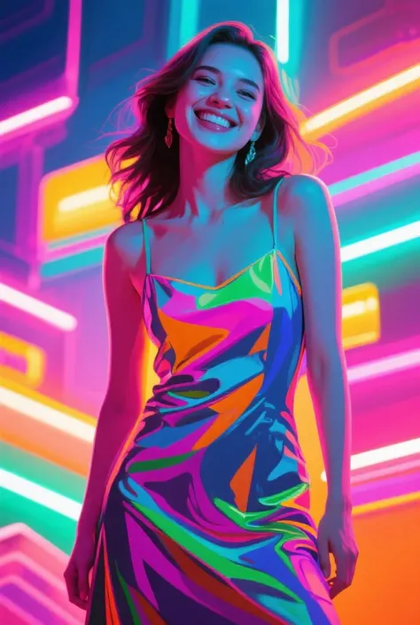 There is a young woman with a neon background smiling in a vertical format