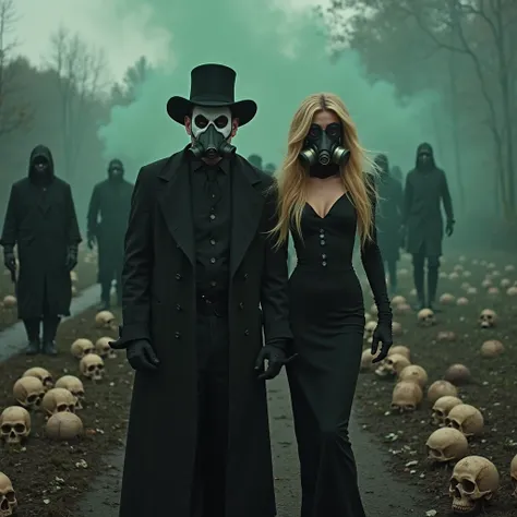 Le joker agressif habiller en costume noir , accompanied by his blonde wife with blue eyes in a sexy black dress . They are both...
