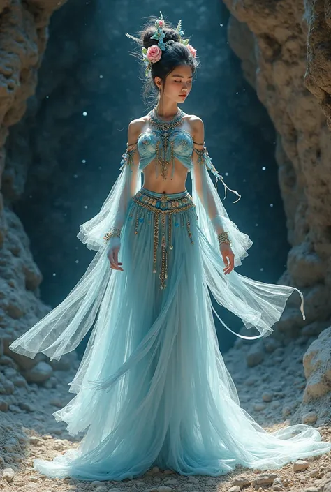 Beautifull Spirit girl goddess standing in a dark Mogao cave at night, full body, inspired by Dunhuang flying Apsaras murals, we...