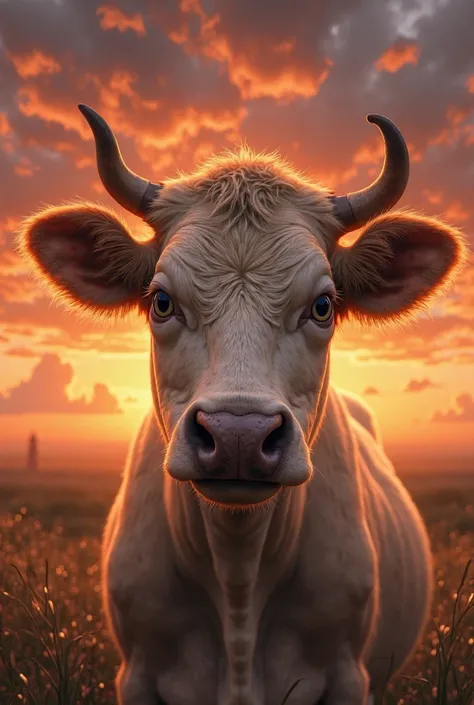 Close-up of the cow’s face with a sad expression, sky turning orange at sunset
