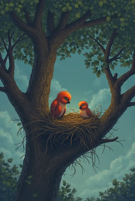Scene 1: ZOO'S NEST
Prompt: A little zoo sits with its ren in its nest on a tall tree branch, black clouds in the sky, strong wi...