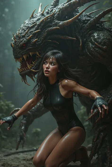 Make a picture of a sweating girl wearing tight catsuit and Ugg boots getting eaten by a monster. Make it realistic.
