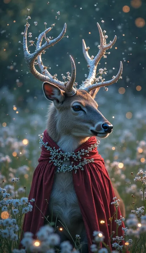 "A mystical young stag with silver antlers draped in pearlescent vines, cloaked in a royal crimson velvet cape, gazing softly in...