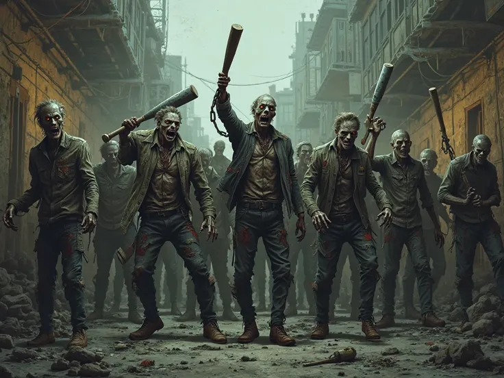 a crowd of cool zombies with baseball bats and chains