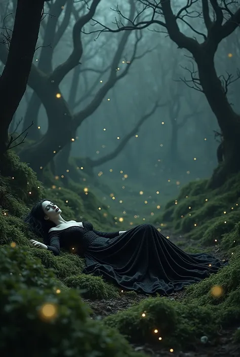 Morticia lying on the ground in a forest surrounded by fireflies , The atmosphere is dark Gothic