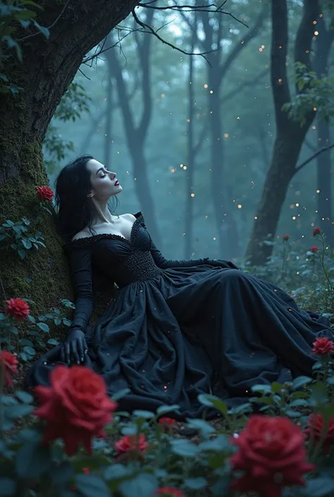 Morticia lying on the ground in a forest surrounded by fireflies and red roses , The atmosphere is bluish Gothic