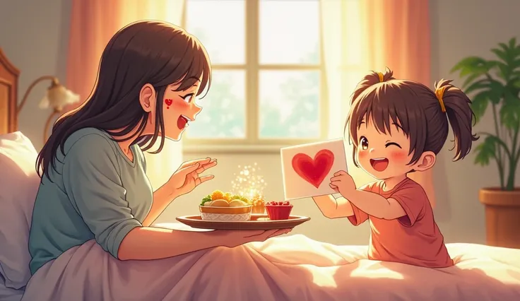 Anime Render, happy one of the s is holding a tray with breakfast food and handling the tray to their mother that is sitting up ...