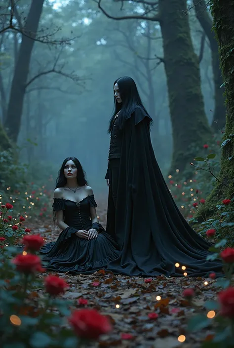 Morticia sitting on a forest floor surrounded by many fireflies and red roses next to a long-haired vampire , The atmosphere is ...