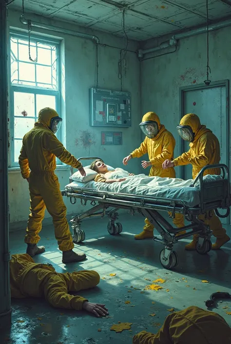 Take a picture of people lying on the floor and people infected by radiation fighting against another group of uninfected people...