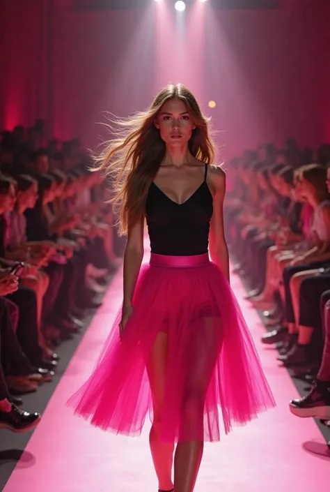 a beautiful confident young woman walking like a model on a pink runway, facing the camera, wearing a hot pink tulle skirt and t...