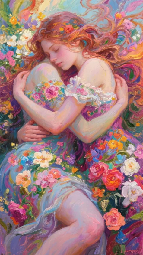 It's a stunning girl in flowers, colorful, oil painting, insane colors, oil colors, high quality, high detail   in a sensual emb...