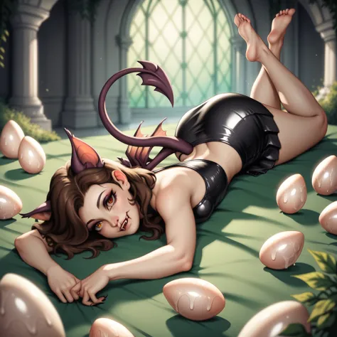 perfect skin, latex cat, sexy cat costume, vibrant colors, celestial dragon palace, black cave wyvern, bat-like drake, (brunette...