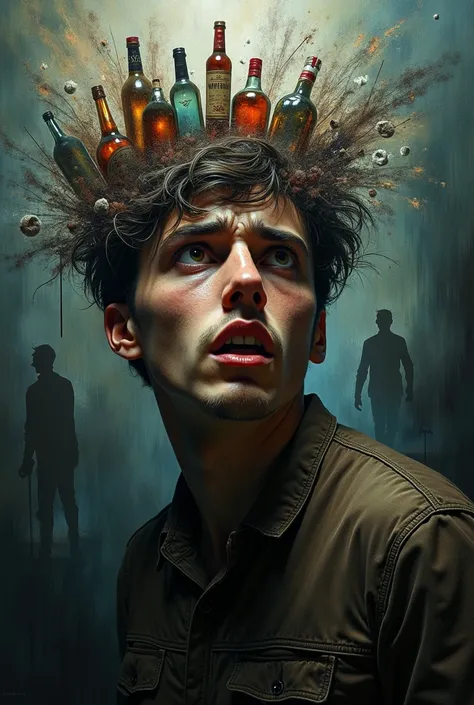 Oil-painted 3D composite image showing a troubled young man surrounded by chaotic scenes: alcohol, arguments, loneliness, dark s...