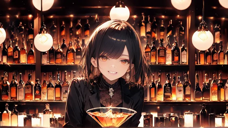 ((masterpiece, Perfect Anatomy)), solo, 1 girl, stares at viewers, smile, A bar with an atmosphere, Dimly lit bar, bartenders ar...