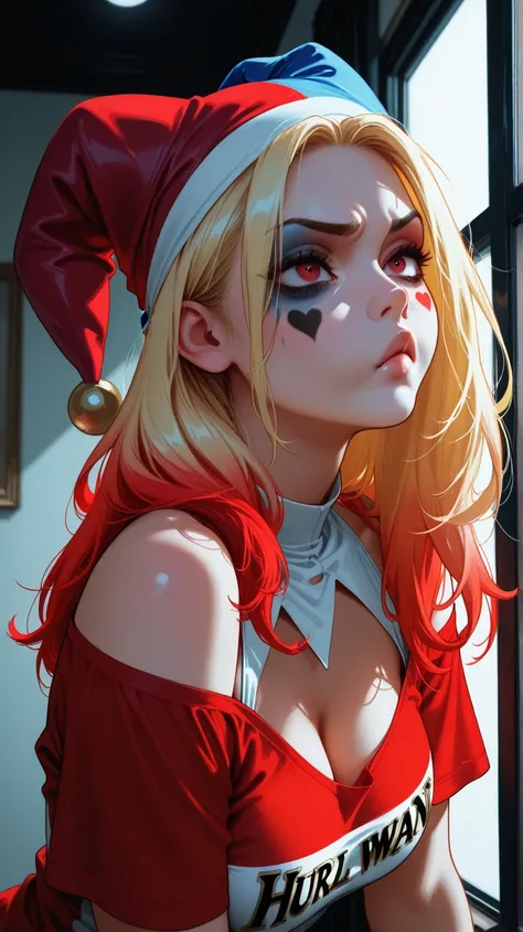 High definition fisheye lens perspective. Margot Robbie, Harley Quinn from Suicide Squad. ((white white t-shirt, red t-shirt sho...
