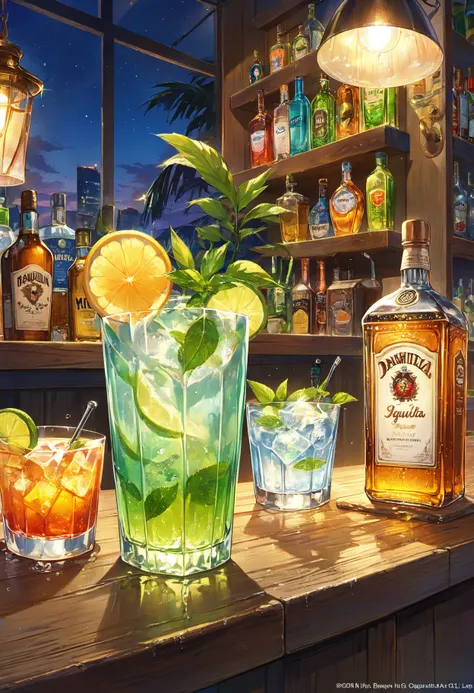 tequila!, Gin tonic!, Daiquiri!, Mojito!, (masterpiece, highest quality), (very detailed, highest quality, officia...