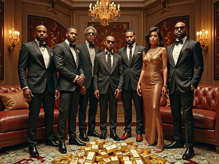 "A close-up, ultra-realistic photo of several millionaires standing together in a luxurious indoor setting, surrounded by piles ...