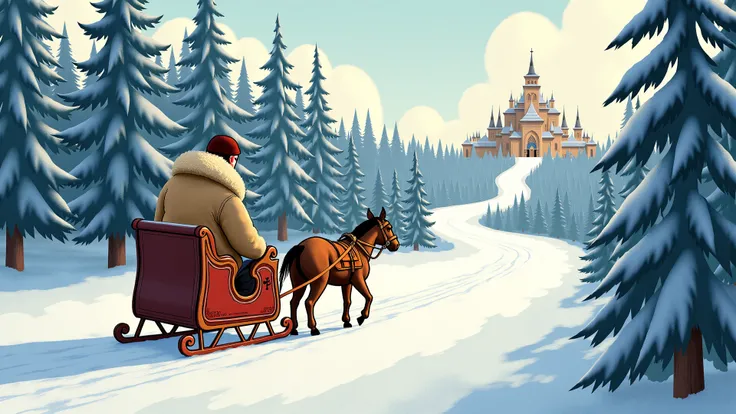 "The narrator, wrapped in furs and glowing from heat, rides the sleigh uphill through snow-covered pine forests toward a domed e...