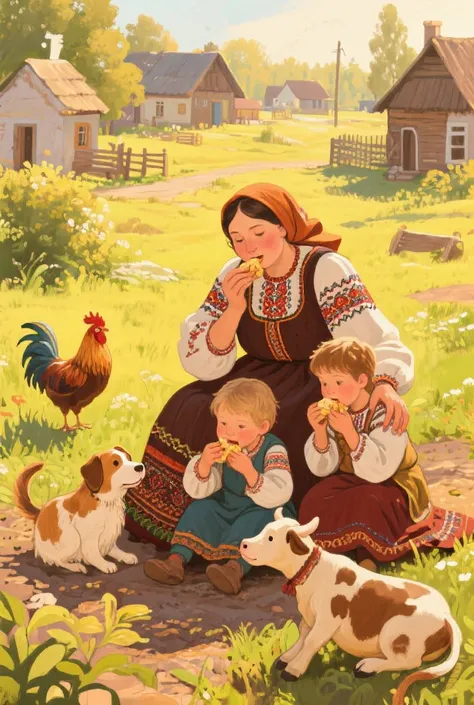 Create mother with her three and hungry , the village and hen,dog and calf there