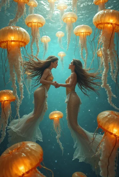 beautiful realistic mermaids dancing among hundreds of giant yellow and orange jellyfish shining like precious gems or suns