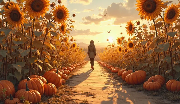 A rustic park path surrounded by dried sunflowers and pumpkins.