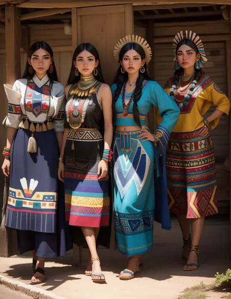 three women in native clothing standing next to each other, tribal clothing, native rich jewelry, tribal style, wearing authenti...