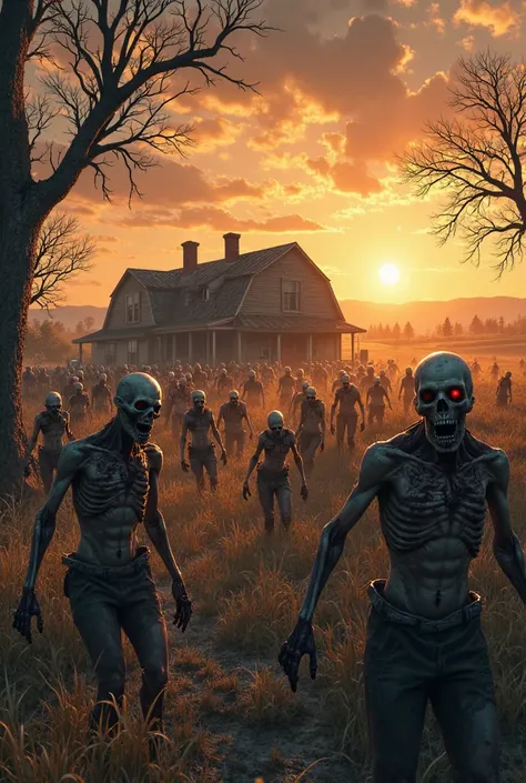 A decaying zombie horde approaching a farmhouse at sunset, with dramatic lighting and intense shadows.