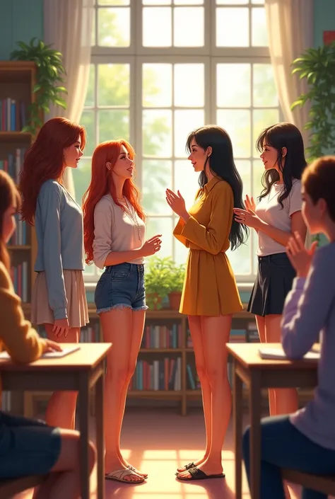 A friendgroup of beautiful girls in a beautiful classroom