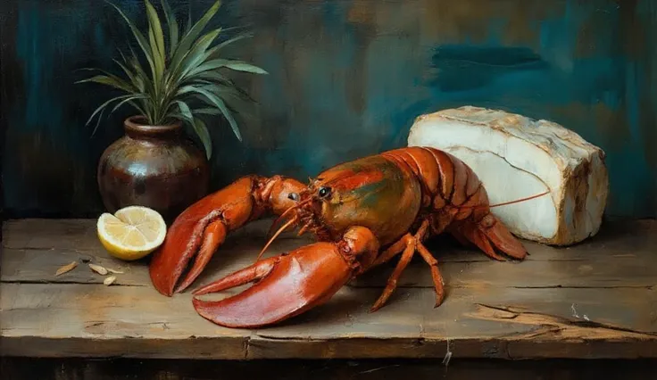 oil painting on old worn wood panel still life, lobster, soft chiaroscuro lighting, wu quixel megascans, hyperrealist photograph...