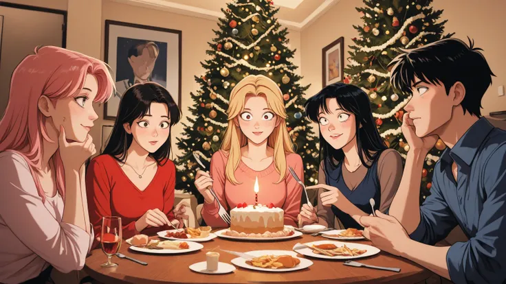 Low angle shot, Emily with a thoughtful and nuanced facial expression, surrounded by her family (stylized with anime-influenced ...