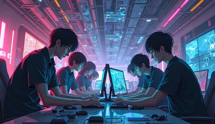 group of people creating anime in the computer, Studio looking very advance, glowing neon effect