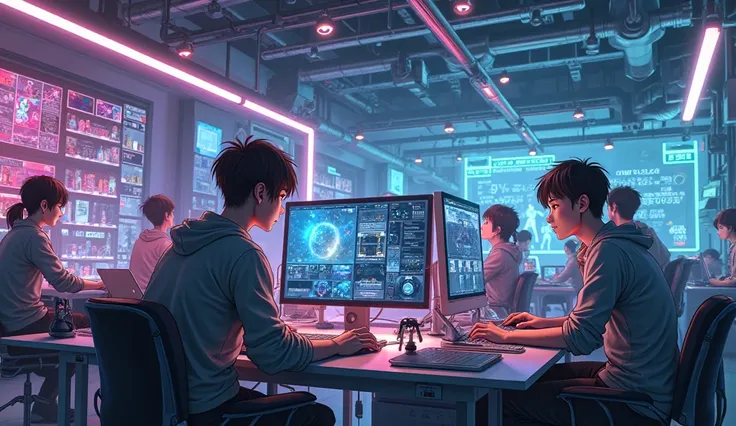 group of people creating anime in the computer, Studio looking very advance, glowing neon effect